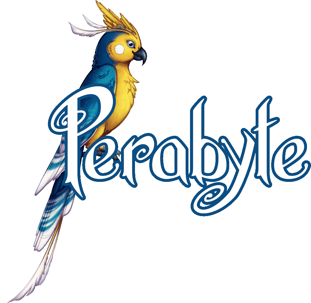 the logo for perabyte, the text perabyte is in an art nouveau font with a fantasy cockatiel macaw hybrid as the mascot